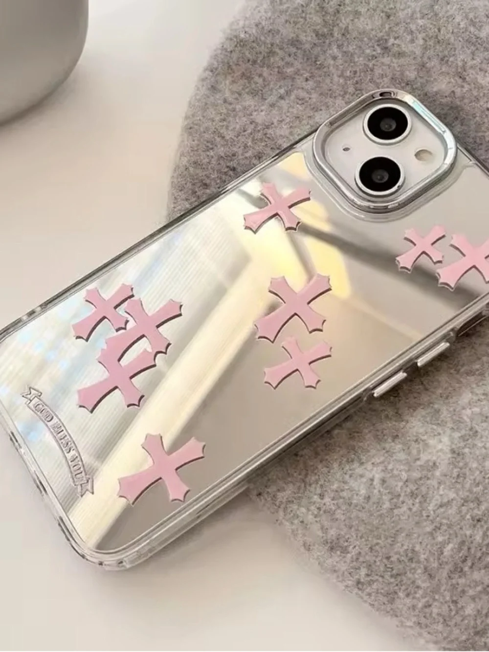 Mirror iPhone Case with Pink Cross Accents